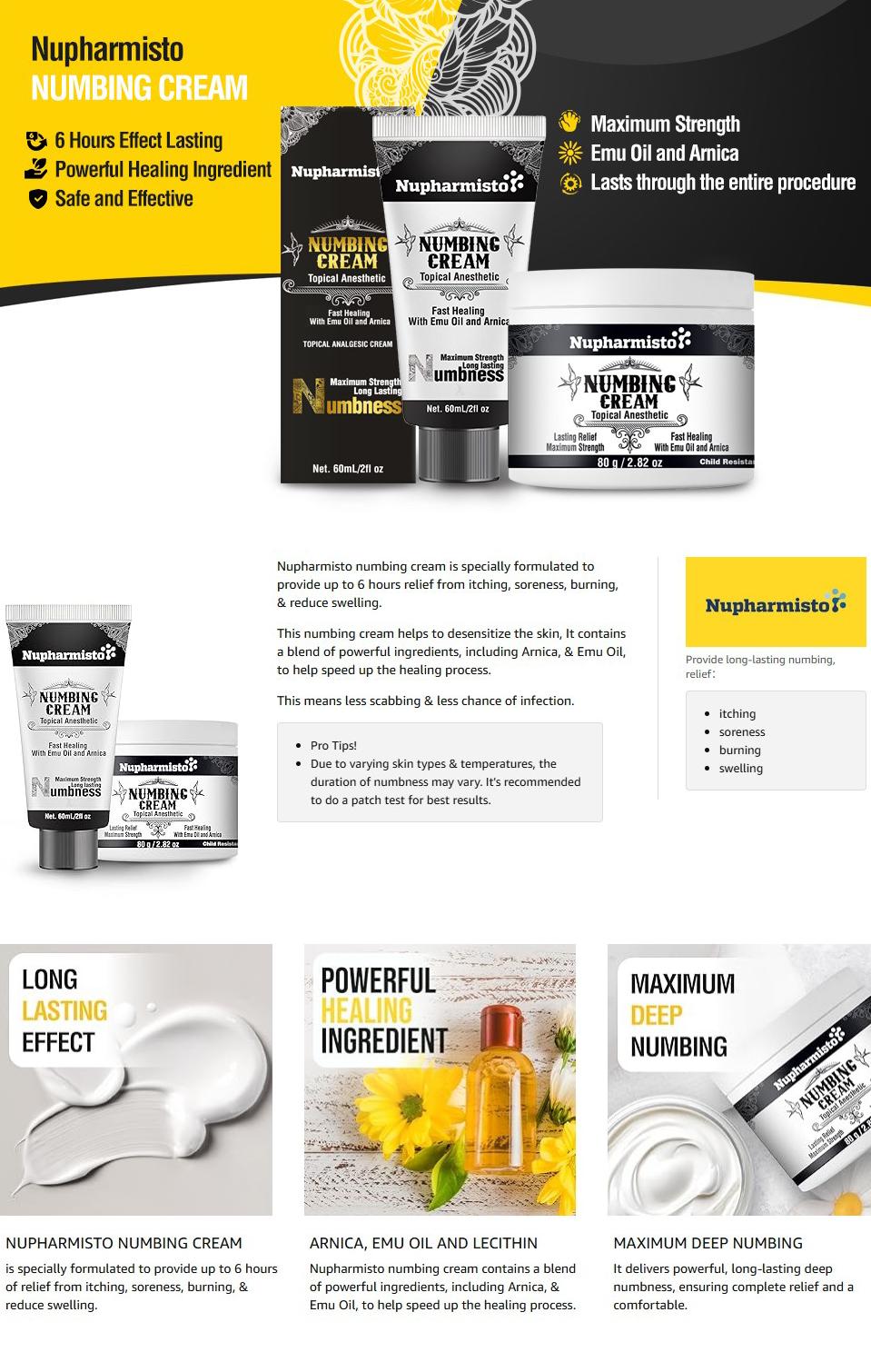 Nupharmisto Tattoo Numbing Cream: Maximum Strength Lidocaine & Menthol for Long-Lasting Pain Relief During Tattoos, Piercings, and Waxing for All Skin