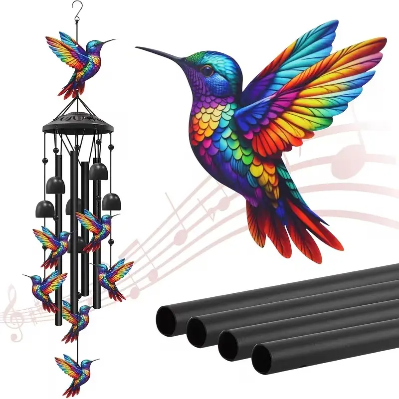 Vintage Hummingbird Wind Chime with Metal Tubes and Bells, Musical Melodic Hanging Bell, Bird Lover Gift, for Soundscape Enthusiasts, Garden Decoration Accessories, Crafted