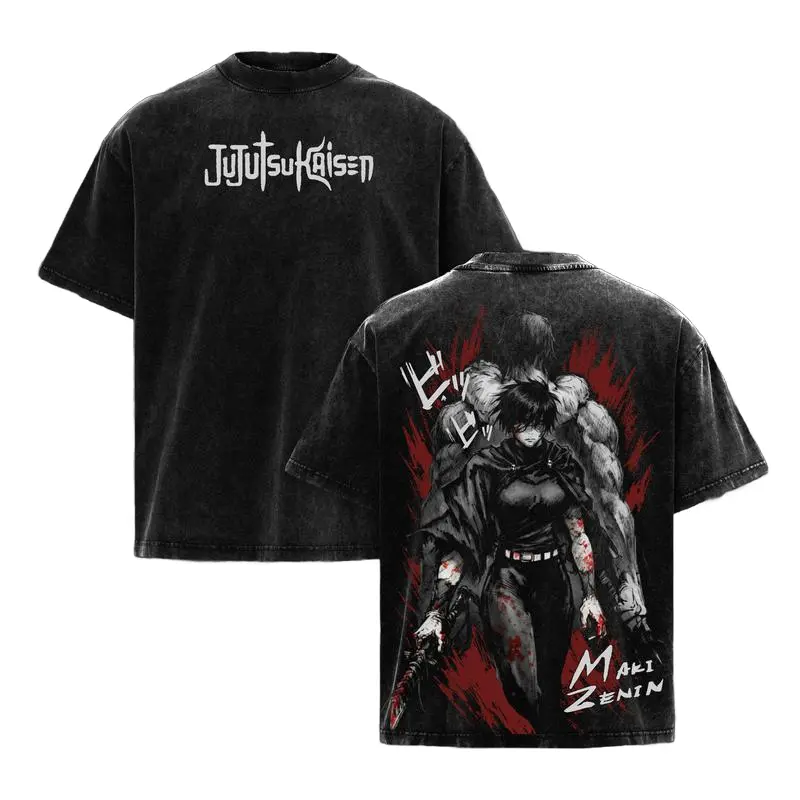 Otaku Dominion Store Maki Zenin Toji Fushiguro Jujutsu Kaisen Graphic Tee Vintage Washed Oversized T-Shirt JJK Anime Streetwear Unisex Gift for Men Women Premium Heavyweight Cotton Retro Shirt