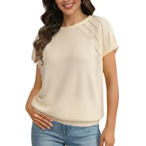 CICIBIRD Women's Short Sleeve Knitting Top, Viscose Fabric Smooth Pointelle Knit Crew Neck, Lightweight Breathable Hollow Out Eyelet Pullover for Beach Vacation & Business Casual Outfits,summervibes
