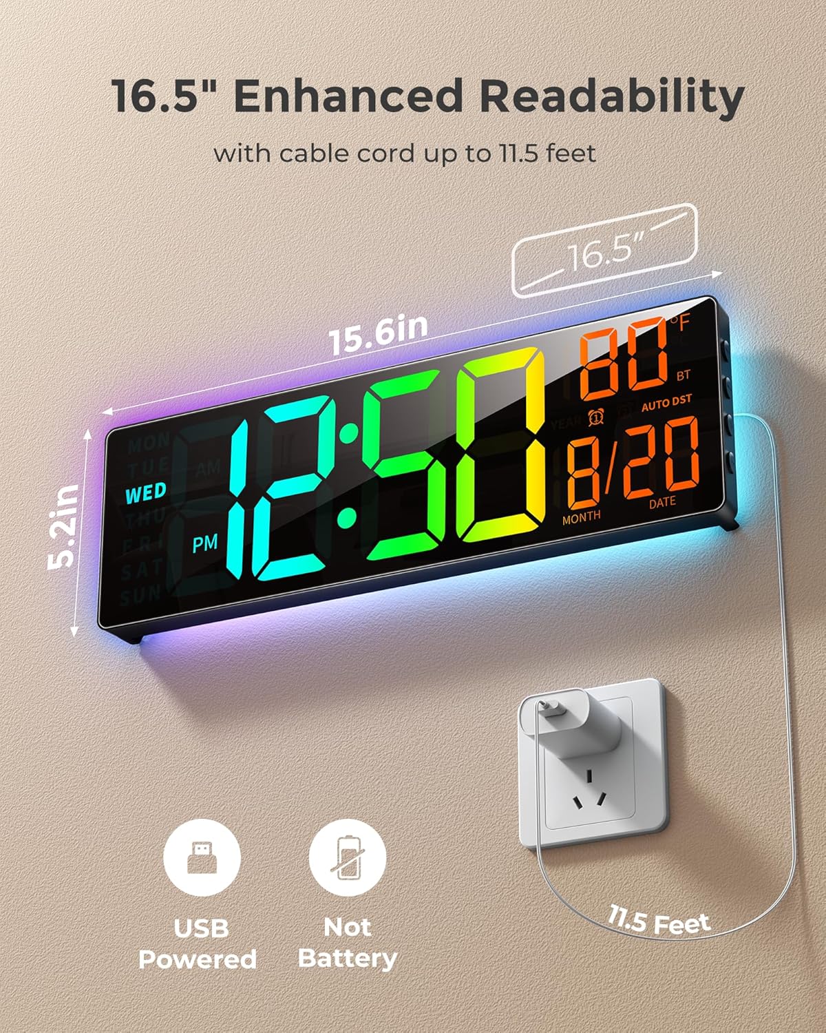 EASYERA Large Wood Grain Digital Wall Clock 16.5" & 12" with Remote Control RGB Atmosphere Lights 11 Scenes Dual Alarms LED Display for Livingroom Classroom Office Game