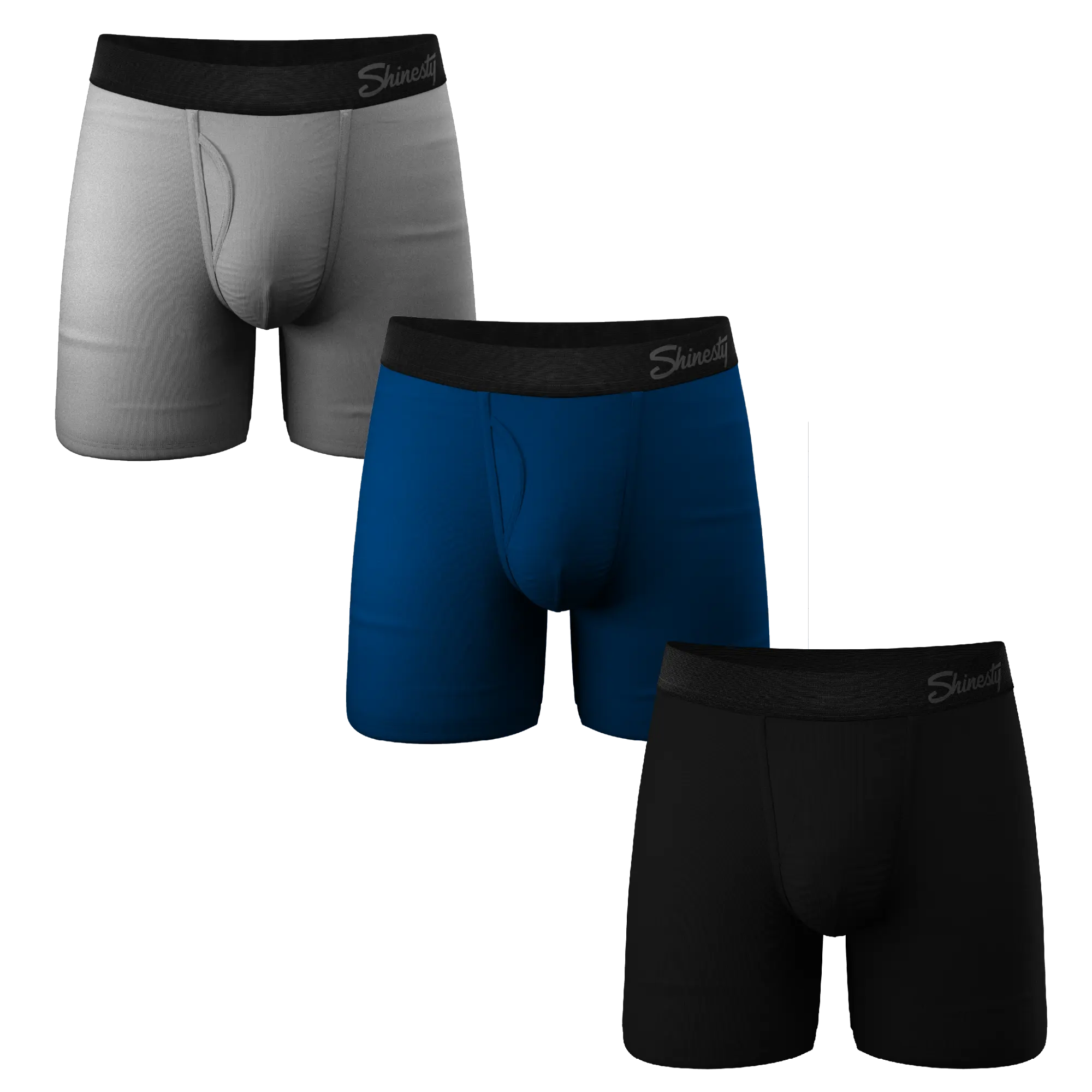 Shinesty Ball Hammock® Pouch Underwear with Fly 3 Pack Men’s Boxer Briefs Supportive,Moisture Wicking,Breathable Underwear Multi-Pack,Modal Fabric, 6” Inseam,Compression Fit,Grey,Blue,Black Colored,Anti-Ride Up,Anti-Bunch,Very Soft,Best Men's Underwear