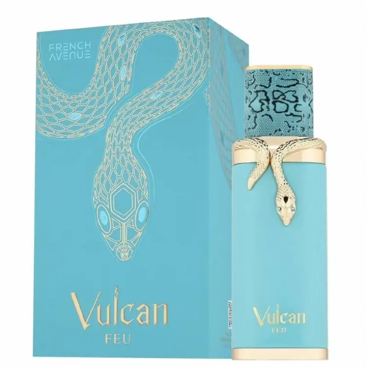 Luxury Style Women's Fragrance, Vulcan FEU 3.4oz EDP Perfume by Fragrance World (French Avenue) - Unique Snake Design Bottle, Turquoise Packaging