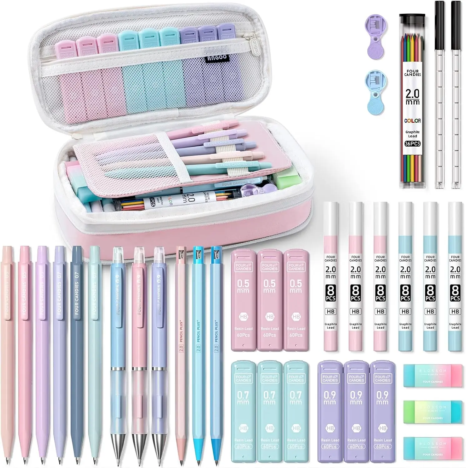 Four Candies 36PCS Learning Materials, Aesthetic School Supplies in Large Capacity Pencil Case, 12PCS Mechanical Pencils 0.5-2.0mm with 624PCS Lead Refills,Cute Aesthetic Mechanical Pencils for Writing,Drawing & Drafting, Back to School Supplies Shopping