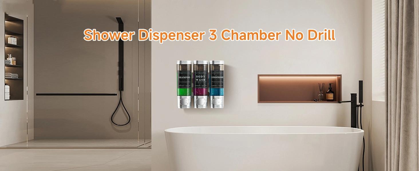 Shampoo and Conditioner Dispenser,Shower Dispenser 3 Chamber No Drill Wall-Mounted Shampoo Dispenser for Shower Wall Mounted Shower Soap Dispenser for Bathroom Hotel Large Capacity,Light Silver