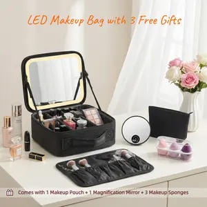 Portable Makeup Bag With LED Mirror, Cosmetic Organizer With Adjustable Dividers, Travel Makeup Case With Rechargeable Lighted Mirror, Comes With Three Free Gifts, Perfect Gifts For Her