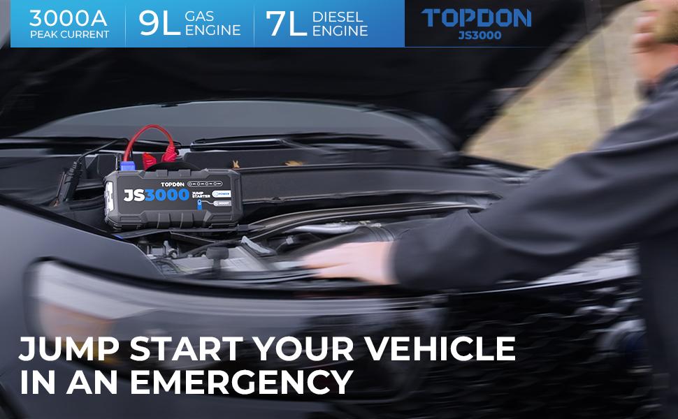 TOPDON JS3000 12V 3000A Battery Booster Automotive Jump Starter Pack for Up to 9L Gas/7L Diesel Engines Car Tool Kit Automotive Tool Kit with 24000mAh Battery Capacity Vehicle