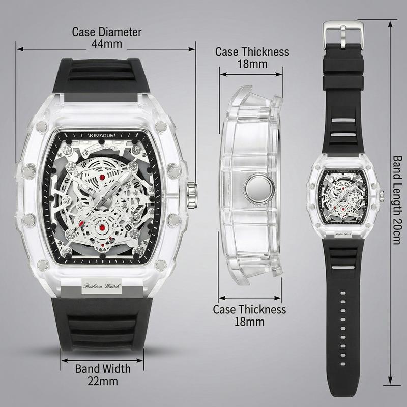 Men's Luxury Transparent Waterproof Barrel-Shaped Tonneau Skeleton Quartz Watch with Calendar Display Luminous Markers Water Resistant Wristwatch for Daily Party Outdoor Use Great Birthday Gift Idea with Tin Box Included & Bracelet Men's Luxury Transparent Waterproof Barrel-Shaped Tonneau Skeleton Quartz Watch with Calendar Display Luminous Markers Water Resistant Wristwatch for Daily Party Outdoor Use Great Birthday Gift Idea with Tin Box Included & Bracelet