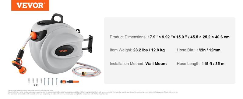VEVOR Retractable Hose Reel, Various specifications, 100'x1/2" 180° Swivel with 9-Pattern Nozzle, Automatic Rewind, Lock at Any Length, Slow Return System