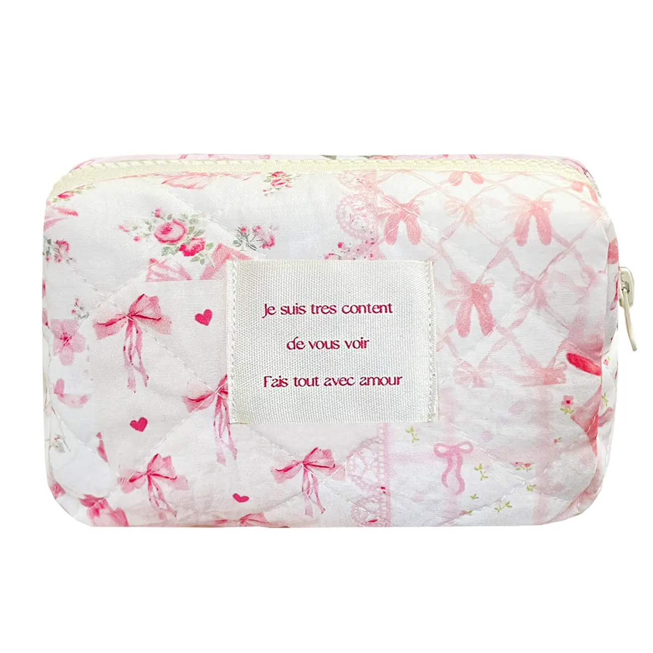 Travel Makeup Pouch for Women, Small Quilted Cotton Cosmetic Bag with Floral Pattern, Portable Cottagecore Organizer for On-the-Go Essentials, Portable Combo Make-Up Bags, Floral Make-Up Bags