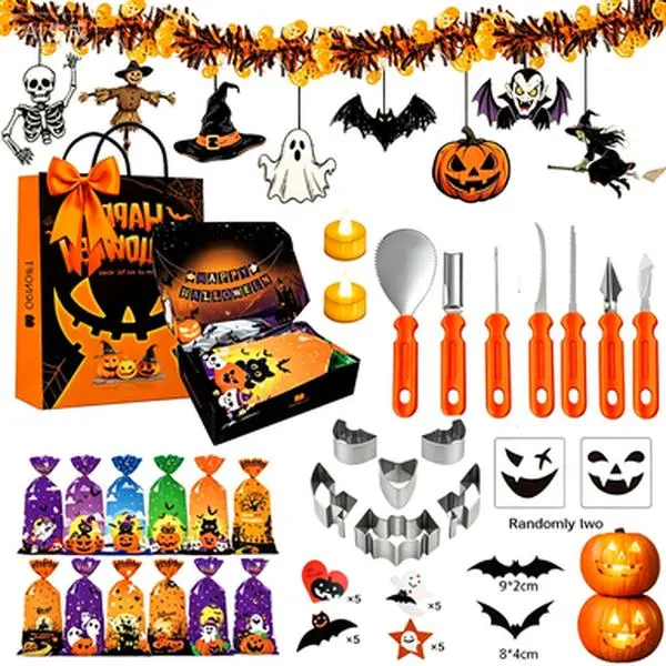 Kids Safe Halloween Pumpkin Carving Kit, 7-Piece Carving Tool Set with 2 Metal Pumpkin Molds, LED Decorative Light, Bat & Ghost Cutouts, 20 Trick or Treat Bags for Family DIY Pumpkin Decorating