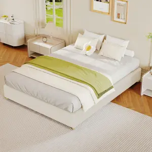 Full Cloud Bed Frame, Corduroy Soft Fabric Low Bed Frames with Solid Wood Round Legs, Platform Bed Without Headboard, No Box Spring Needed, Beige