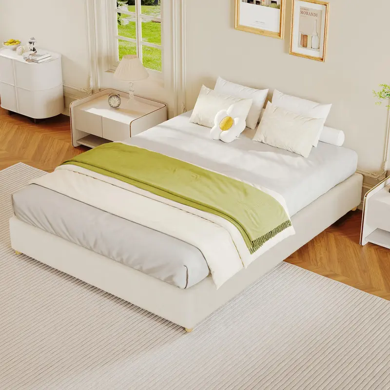 Full Cloud Bed Frame, Corduroy Soft Fabric Low Bed Frames with Solid Wood Round Legs, Platform Bed Without Headboard, No Box Spring Needed, Beige