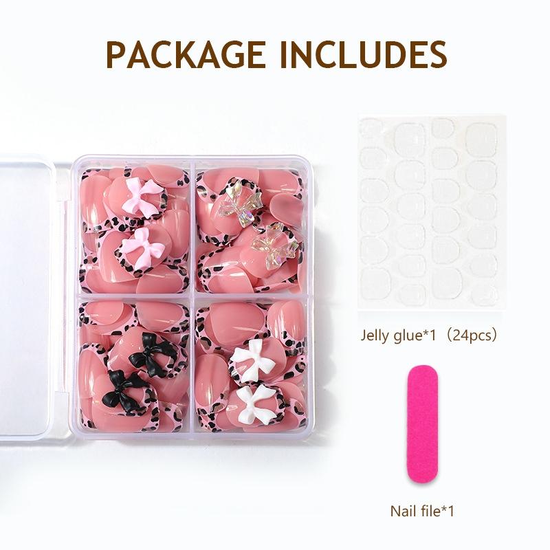 96pcs Short Square Nail Art Kit, Leopard Print Butterfly Design, Glossy Finish, Includes Jelly Glue and File, No Adhesive Needed, DIY Nail Kit