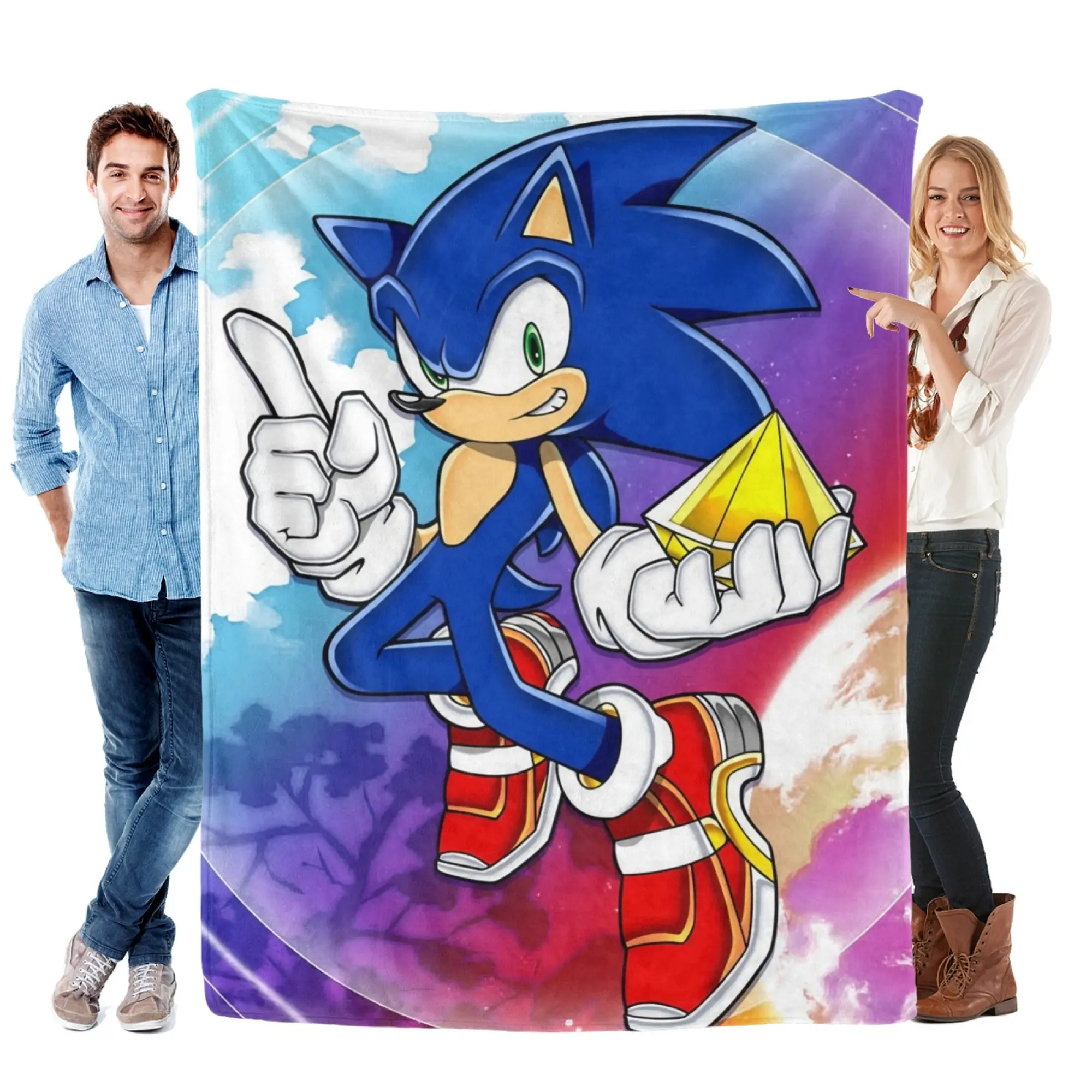 Sonic Blanket, Blue Cartoon Flannel Throw Blanket Soft Cozy Fleece Blanket, Gaming Character Blanket for Kids Bedroom Sofa Decor Gift