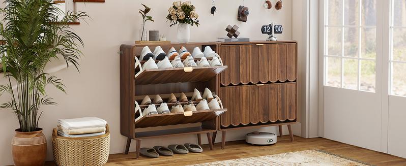 Giratree Shoe Storage Cabinet for Entryway with 2 4 Flip Drawers, Freestanding Narrow Wood Shoe Cabinet with Wave Panel, Hidden Shoe Organizer for Foyer, Hallway