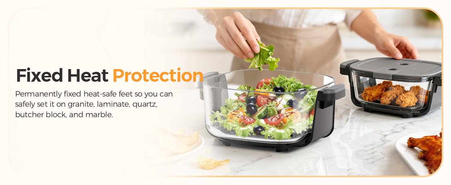 1500W 5-in-1 Glass Air Fryer Non-Toxic - 4Qt Pot+6Cup Container with Lid & Dust Cover, Portable Smart Kitchen Appliance Silicone Pad Included