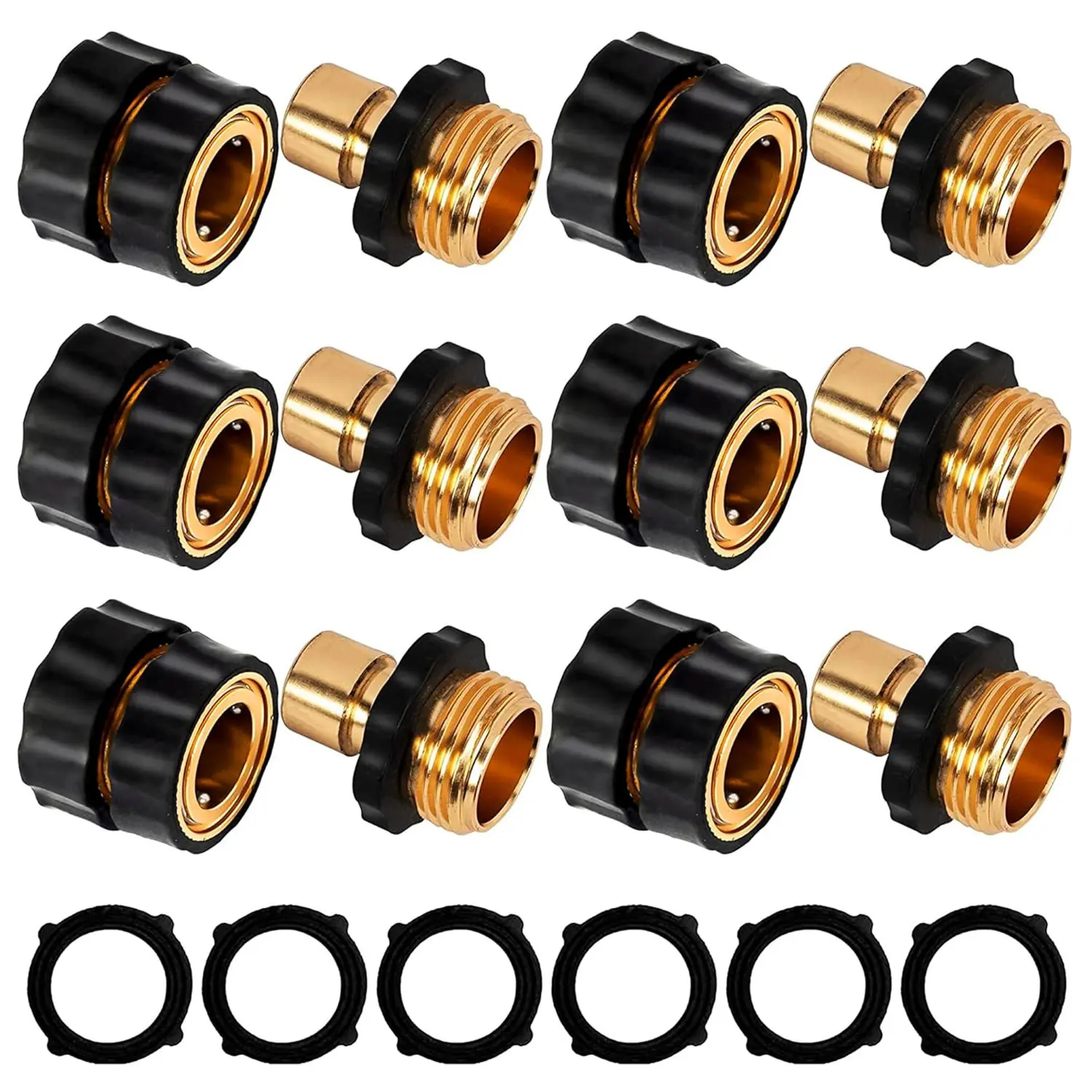 3/4 in Universal US Garden Hose Thread Solid Brass Quick-Connect Type Male/Female Sets Hose Connectors (4 Sets) - Leak-Proof Seals, No-Tool Quick Release, Anti-Corrosion, Durable Backyard Garden Accessories for Lawn, Car, Watering