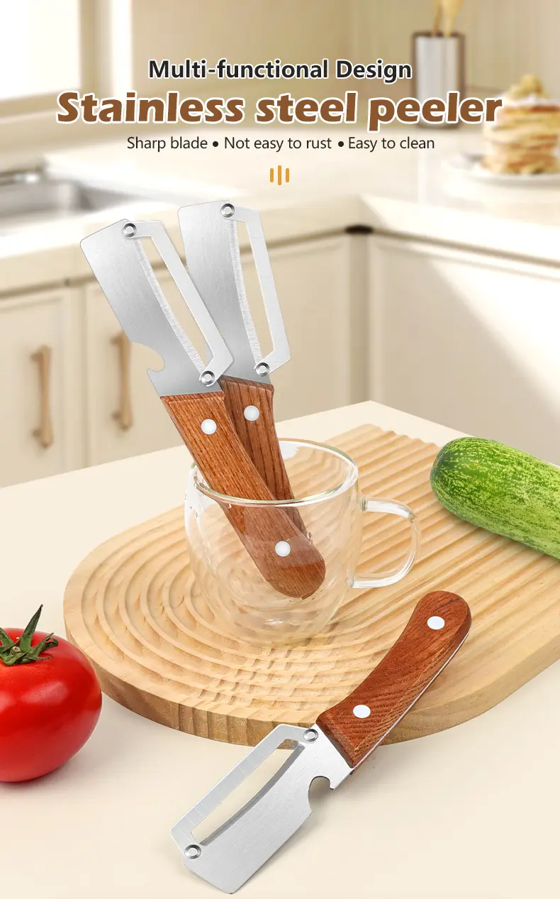 Stainless Steel Sharp Peeler with Wooden Non-Slip Ergonomic Handle, Built-In Bottle Opener, Long-Lasting Construction for Fruits & Vegetables, Essential Kitchen Tool