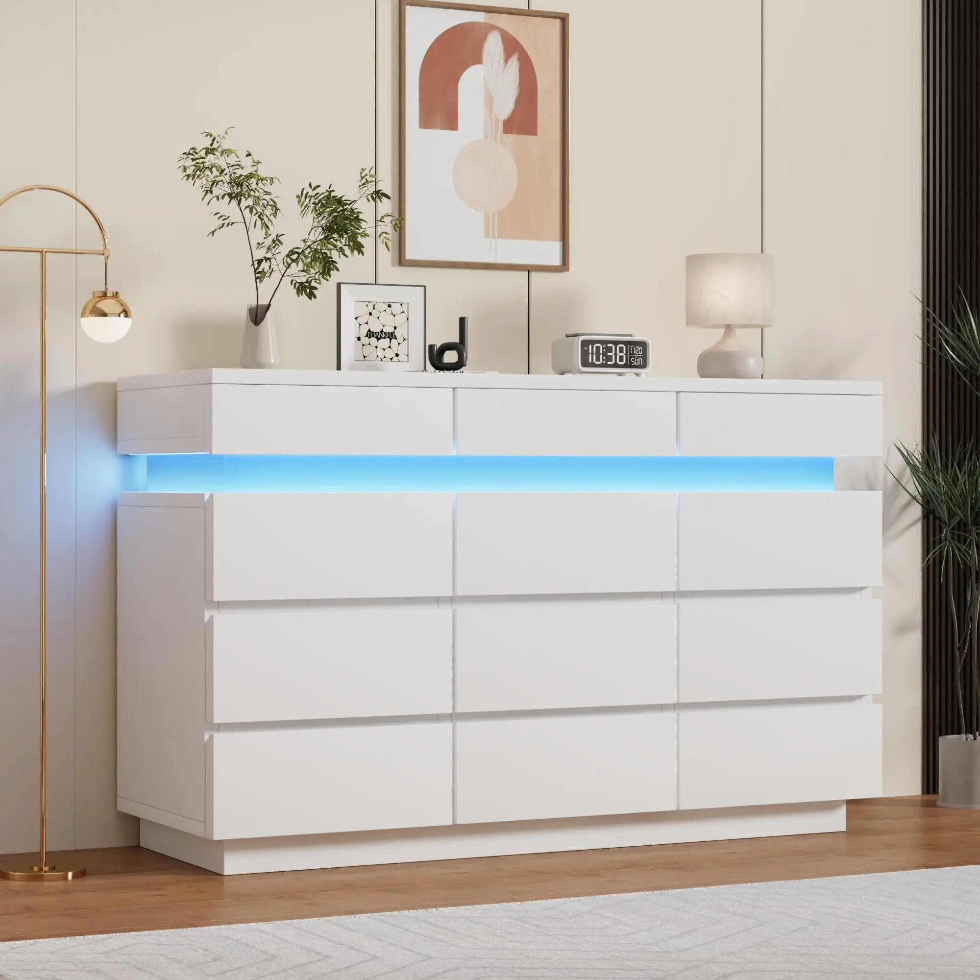 YJ-Garvee 12 Drawer Wooden Dresser for Bedroom and Living Room, 59" Modern Chest with LED Lights, Large Storage Drawers, Anti-Tipping Design, Available in White and Black, 12 Drawers Total