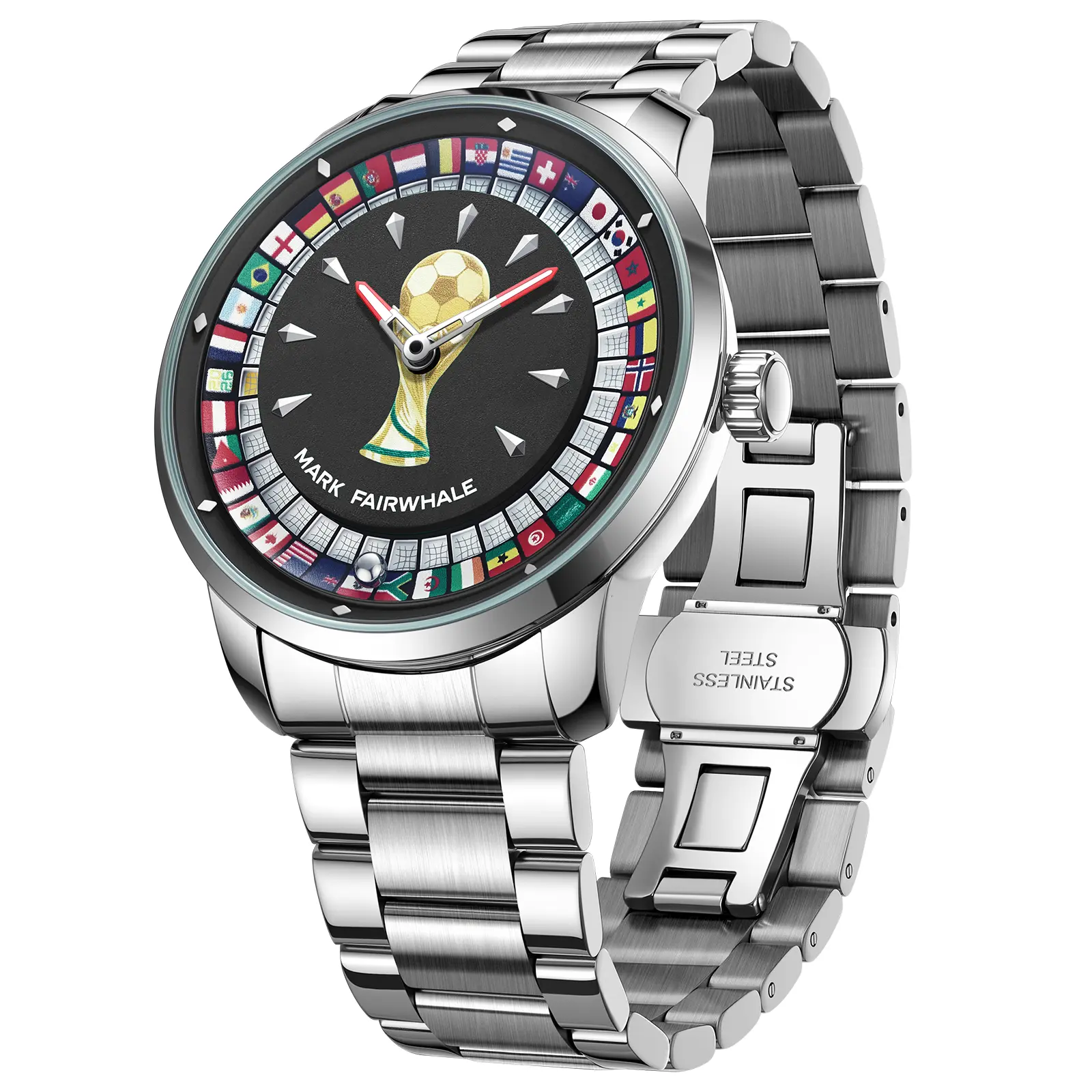MARK FAIRWHALE New Men’s Fashion Watch — Quartz Watch with Soccer Tournament Tribute Dial (Flag Motifs & Spoke Design), 47mm Oversize Case, Stainless Steel Bracelet, 30M Waterproof