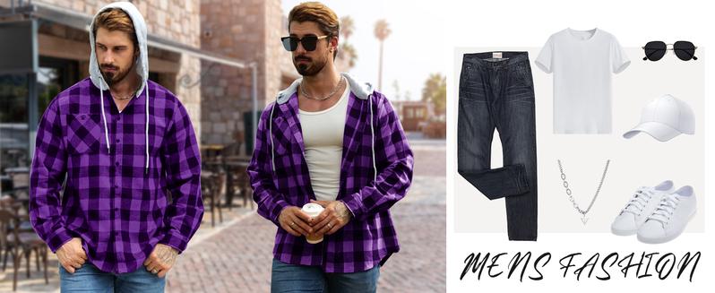 ZITY Purple Plaid Hoodie | Comfy Menswear Pullover - Long Sleeve Checked Flannel Top - Lightweight Casual Sweatshirt for Everyday Wear - Essential Plaid Wetsuit-Soft Fabric gifts