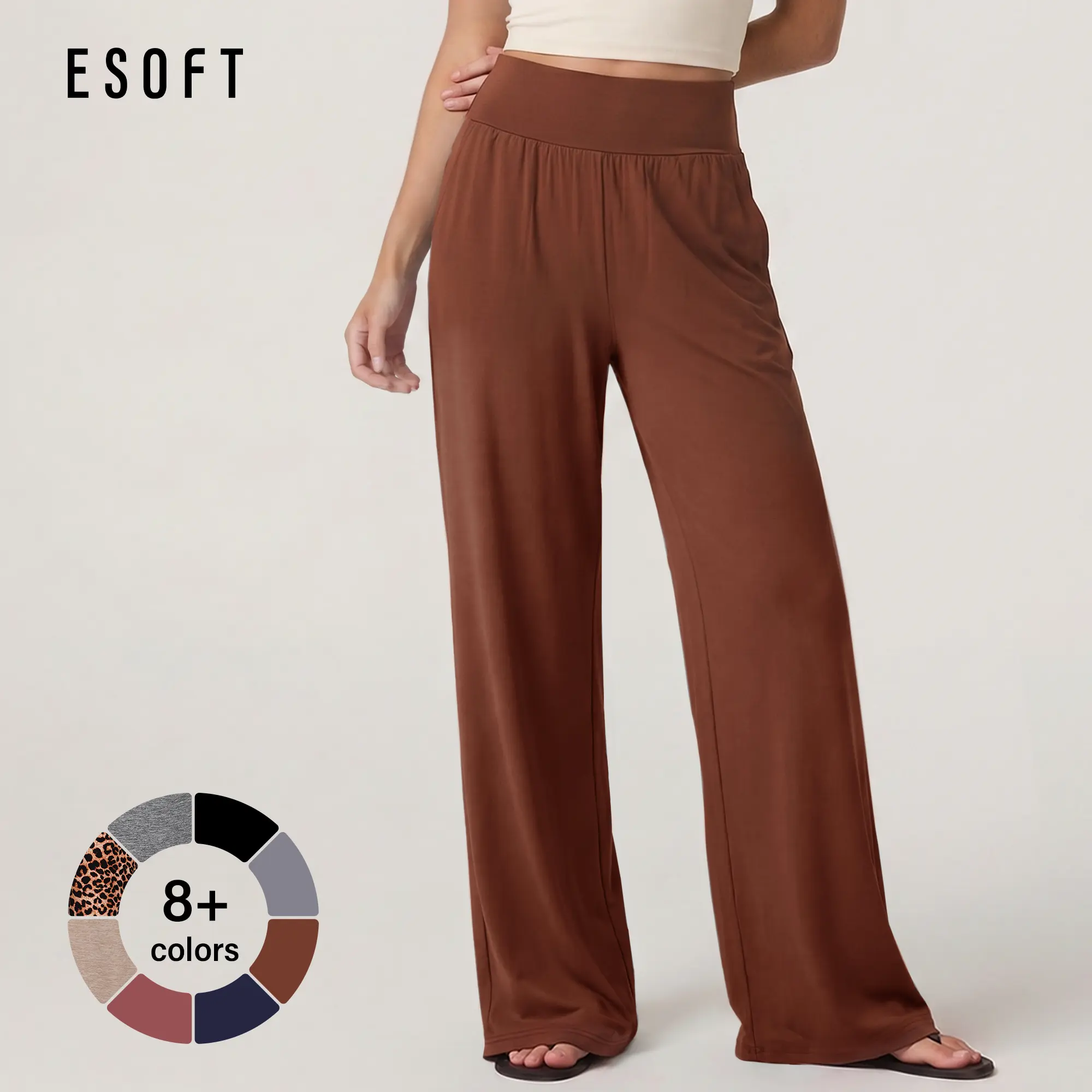 ESOFT Lady's High-Waisted Wide Leg Minimalist Trouser - Women's Basic Bottom with Pockets for After-Work Lounging, Casual Yoga (Sports & Outdoor Joggers), Pants