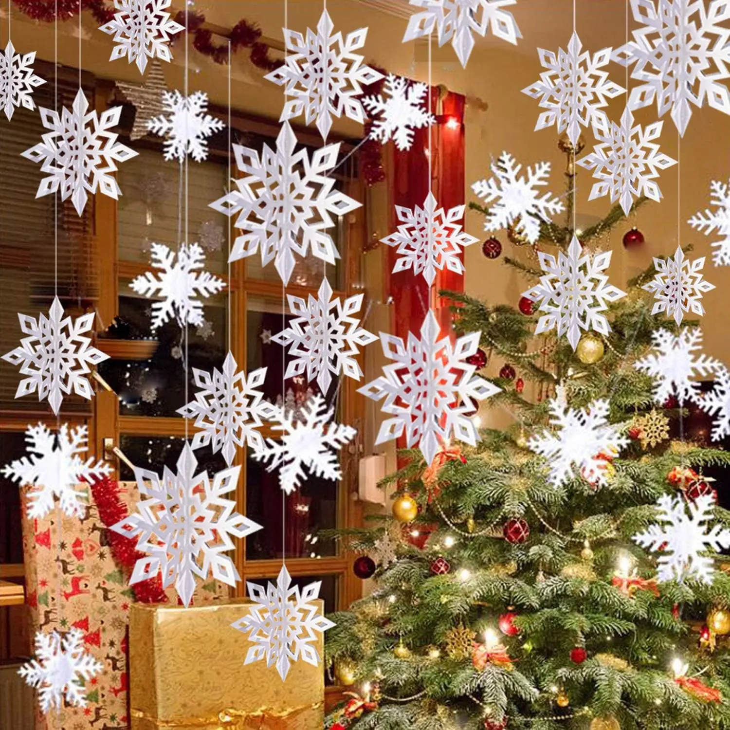 Winter Christmas Hanging Snowflake Decorations, 12PCS Snowflakes Garland & 12PCS 3D Glittery Large White Snowflake for Christmas Winter Wonderland Holiday New Year Party Home Decorations Ornaments