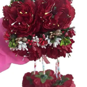 Handmade Artificial Flower Gajre with Red Carnations and Beaded Accents for Home Decor