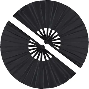 2 Pack Large Folding Hand Fan, Nylon-Cloth Vintage Retro Fabric Fans, Chinese Kung Fu Tai Chi Hand Fan for Men/Women, Festival, Dance, Gift, Performance, Decorations (Black) Minelife