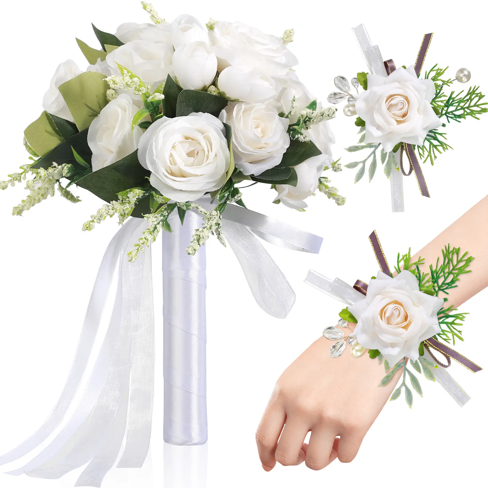 3pcs Plastic Decorative Western Wedding Set - Style 3 (Bouquet-Wrist Flower-Corsage) with Lace Ribbon, Bride-Focused, Outdoor Prop Ready, for Church Decor, Birthday (Comes in a Box)