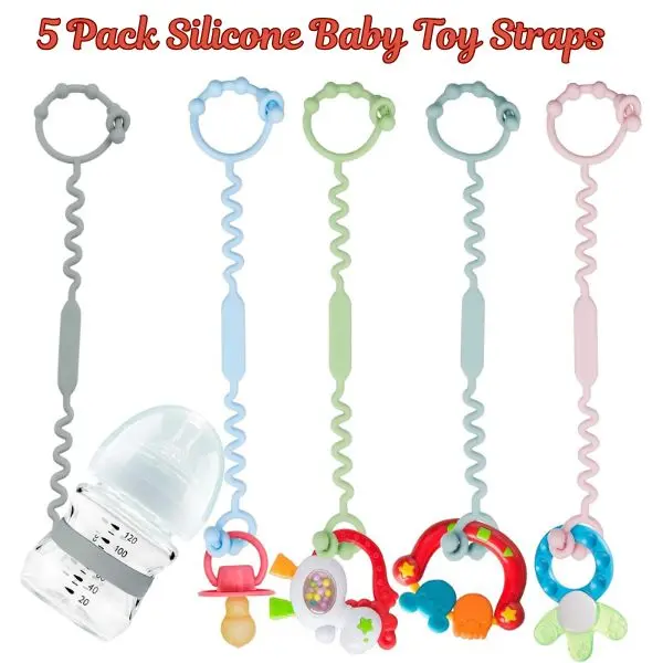 Toy Safety Straps 5-Pack for Baby - Adjustable Multicolor Silicone Holder with Secure Hold for Teethers & Sippy Cups, BPA Free for Stroller, Car Seat & High Chair, Dry Clean