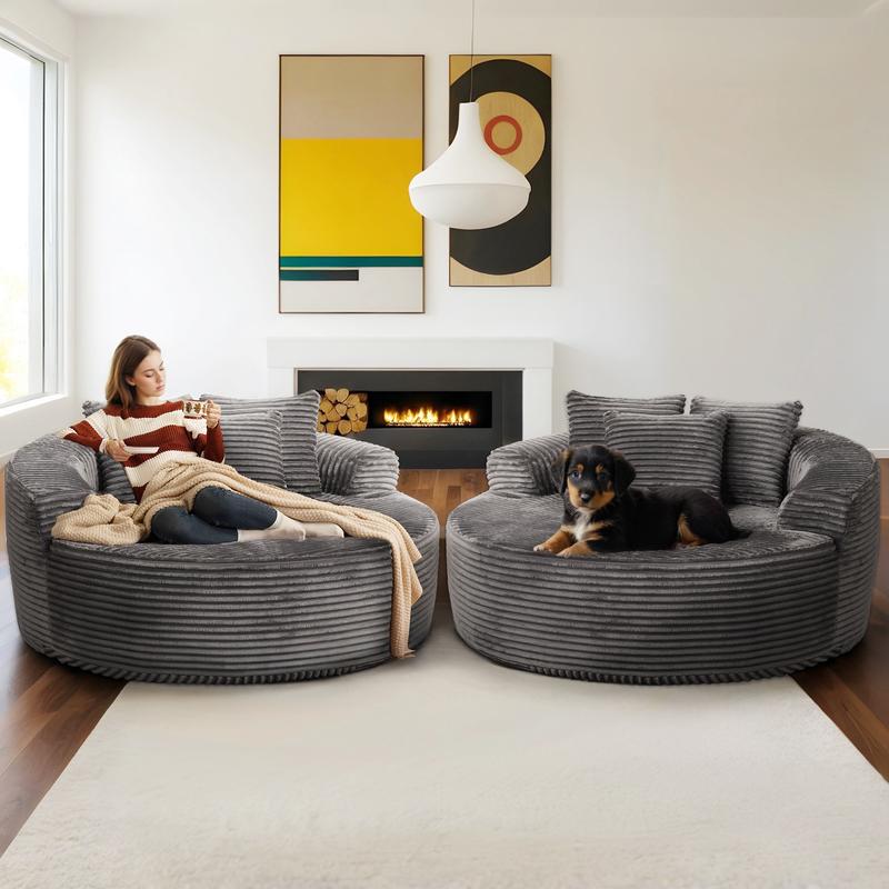 【Black Friday Sale】Ovios 59" W Oversized Round Sofa Bed - Fluffy Lazy Bean Bag, Modern Deep Seat Couch for Relaxation, Plush Corduroy Fabric, 3 Pillows Included, No Assembly Required