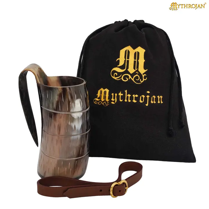 Mythrojan Vintage Solid Viking Drinking Tankard Cup - 600ml Genuine Horn, Polished Finish, Medieval Buckle Leather Strap, for Wine, Beer, Wedding Use, Leak-Free