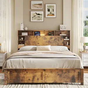 Wood Platform Bed Frame with Charging Station, LED Lights & Headboard Storage Shelf，Dark Brown