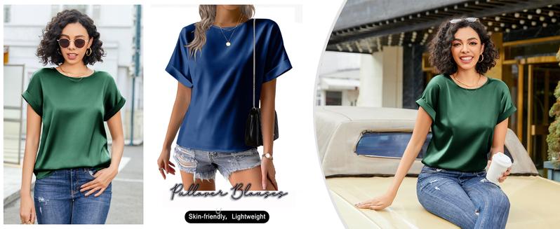 2 Pieces Sets Women's Short Sleeve Pullover Blouses Satin Silk Shirts Casual Loose Work Tunic Tops