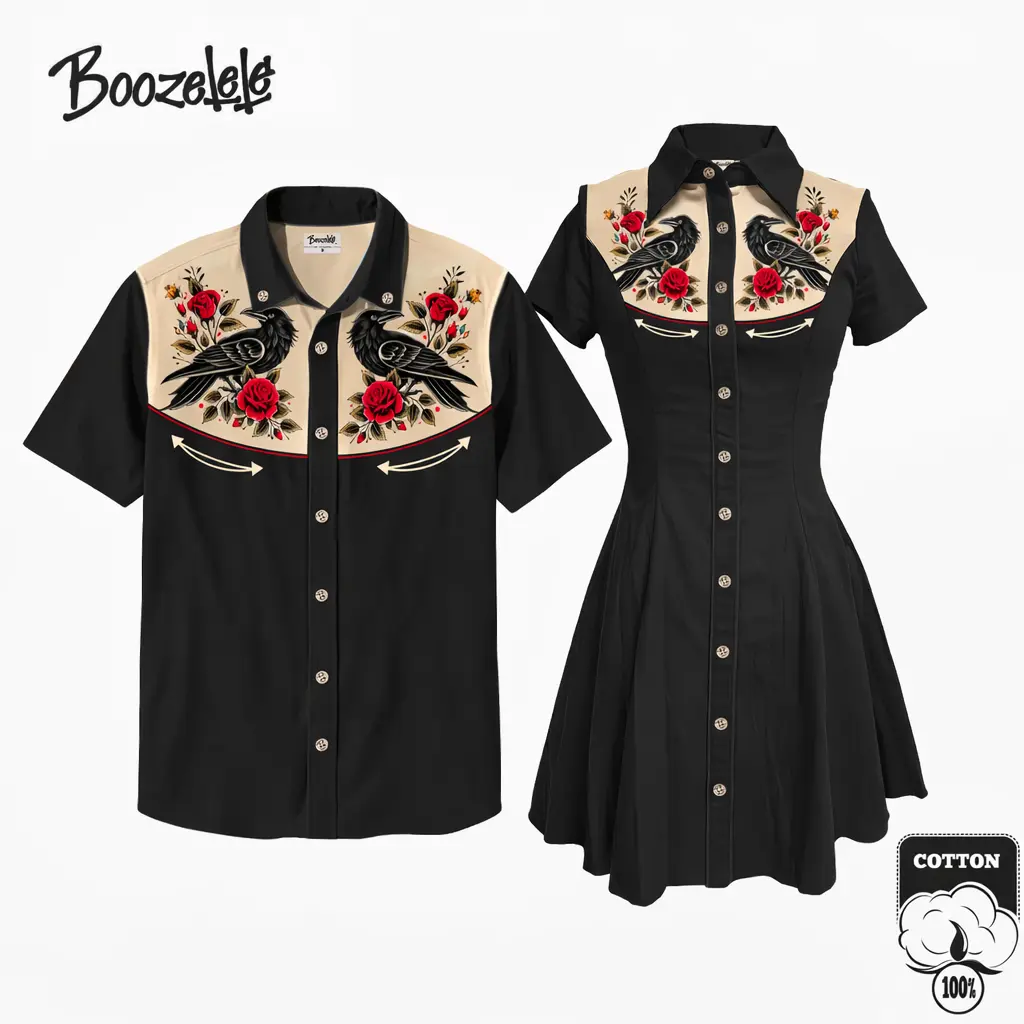 Gothic Crow and Rose Printed Cotton Shirt, Short Sleeve Button Down, Western Cowboy Style, 2026 Spring Summer Couple Matching Outfit Print Pattern