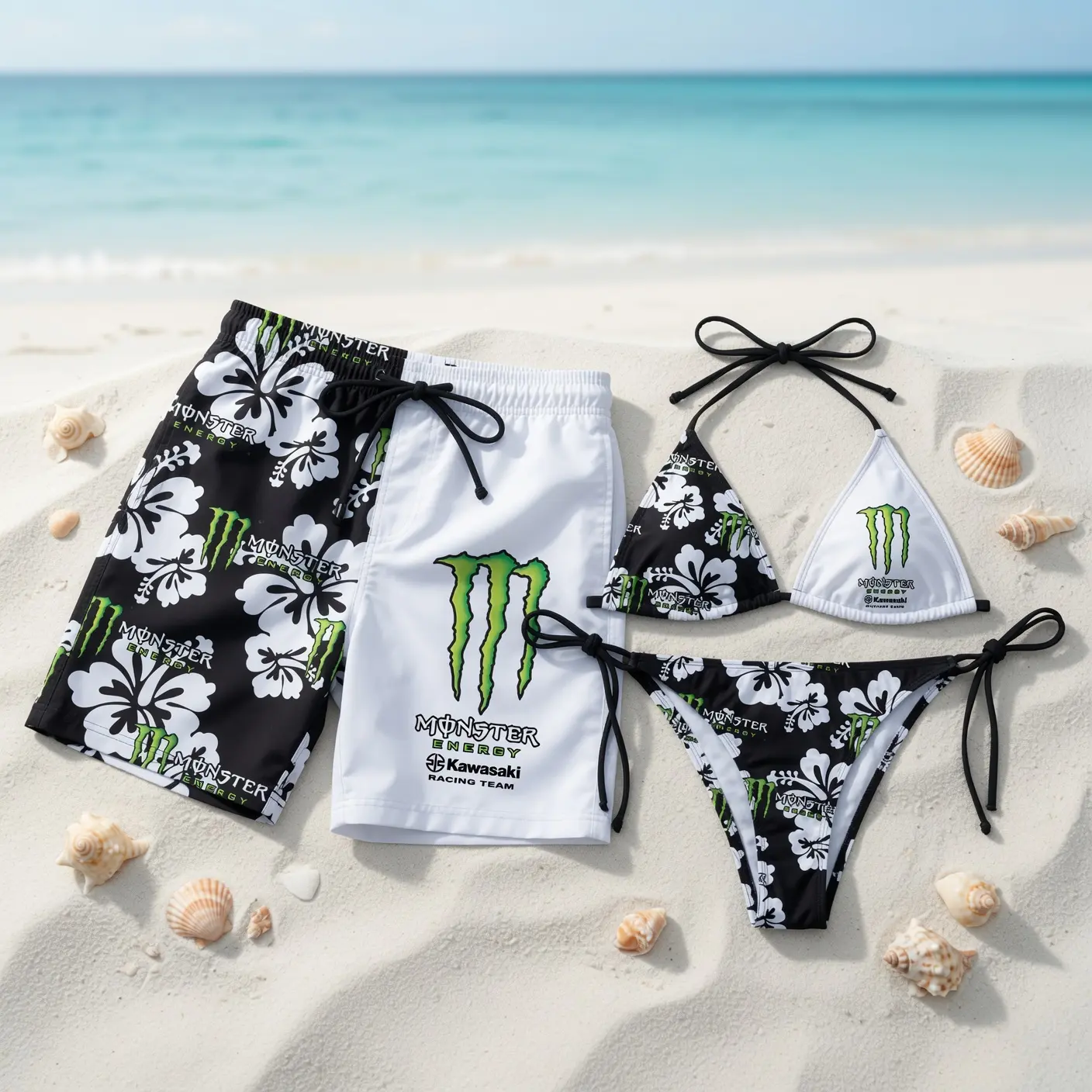 Matching M0nster Energy K@wasaki Couple Swimwear Set, Racing Team Triangle Tie Bikini & Men's Swim Shorts, Black White Beach Vacation Gift
