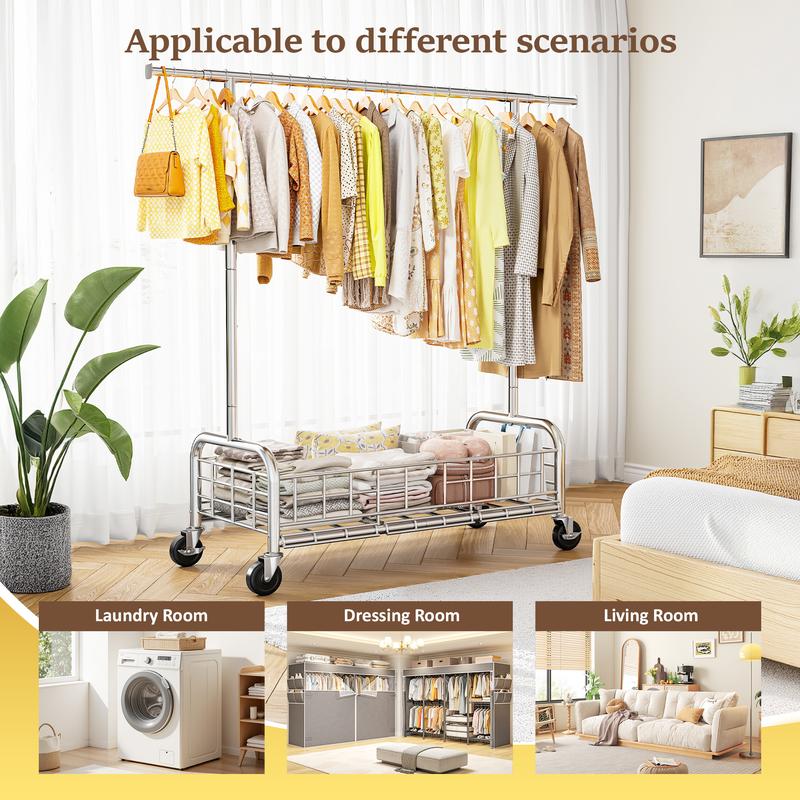Raybee Heavy Duty Clothes Rack Load 450 LBS, Clothing Racks for Hanging Clothes Rolling Garment Rack with Wheels & Shelf, Portable & Adjustable Chrome [Black Friday]