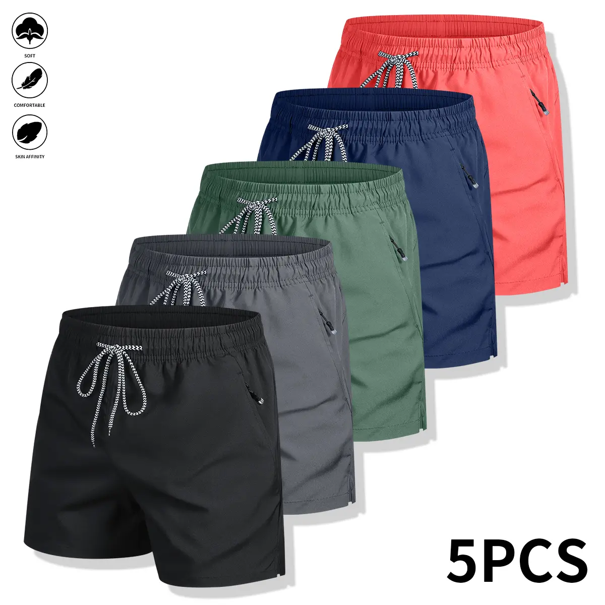 Men’s Quick-Dry 5-Pack Athletic Shorts - Men's Shorts with Zippered Pockets, Drawstring Tie, Fitted Cut, Sport Casual Waistband, Suitable for Gym, Running