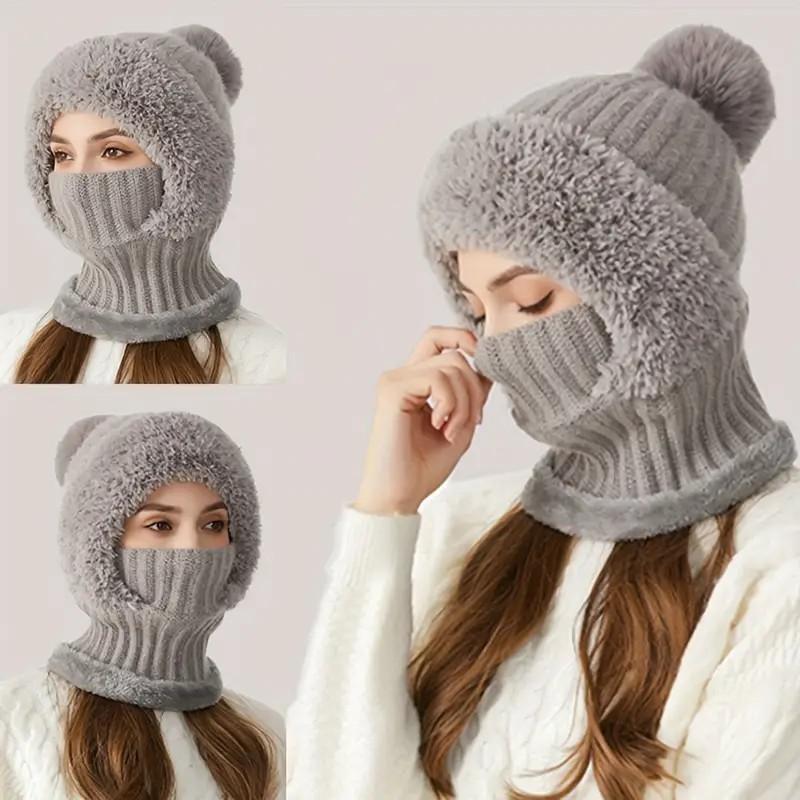 【FaddishDeal】1PC Womens Knit Beanie Hat Fleece Lined Winter Scarf Mask Set Snow Caps Plush Earmuff Skull Hats with Pompom.