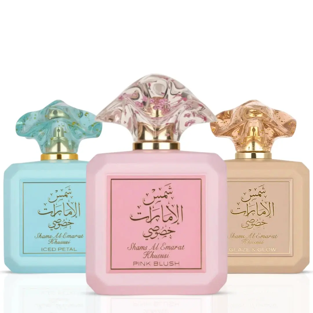 Shams Al Emarat Khususi Pink Blush, Glaze & Glow & Iced Petal Eau de Parfum Spray 100ml (3.4 oz) by Ard Al Zaafaran – Women’s Perfume Gift Set Bundle