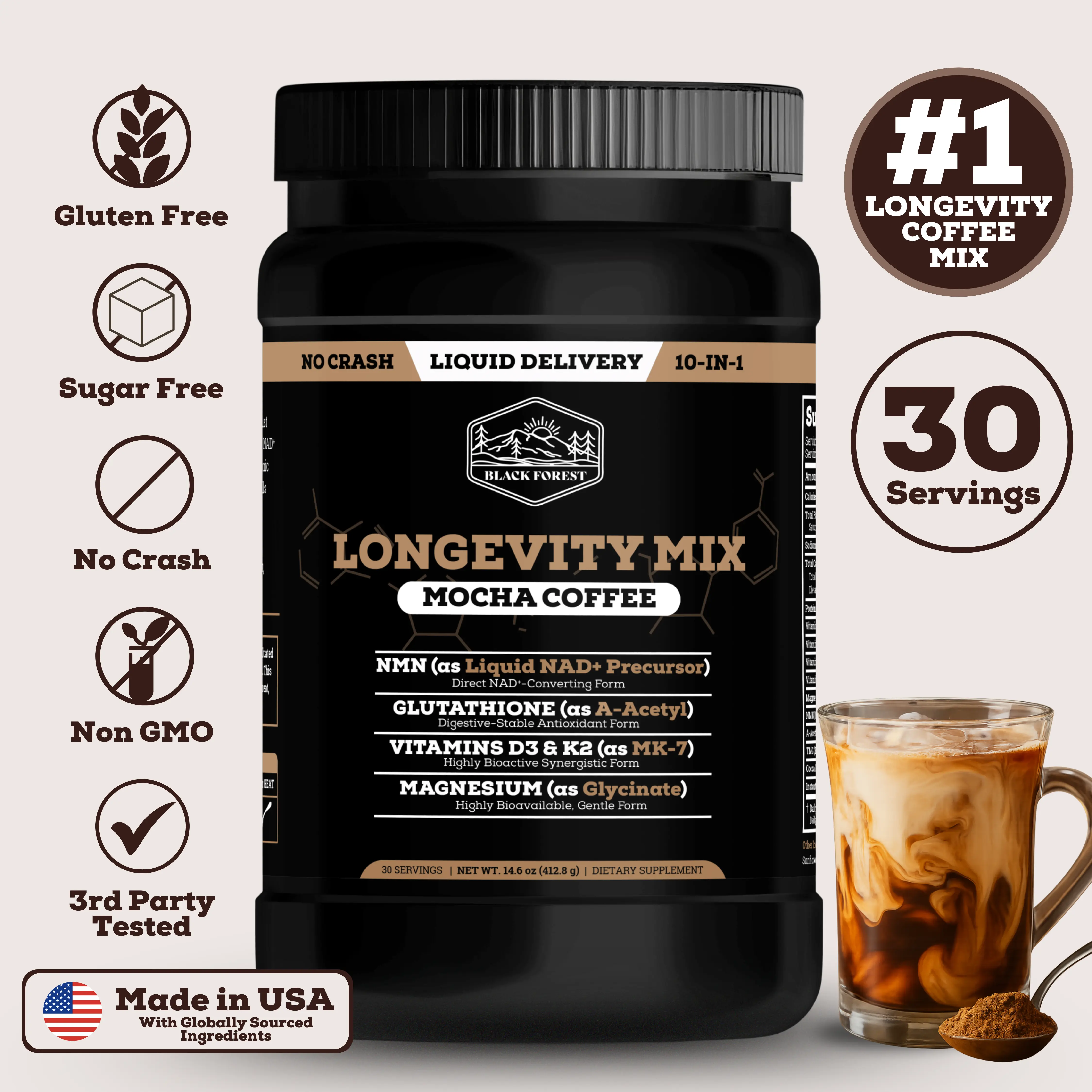 Black Forest Longevity Mix Mocha Coffee with NMN, Glutathione, Magnesium Glycinate, TMG, Vitamin D3, C, K2, B12, Cocoa Powder, Instant Coffee | 30 Servings - Gluten - Free Sugar - Free Non GMO