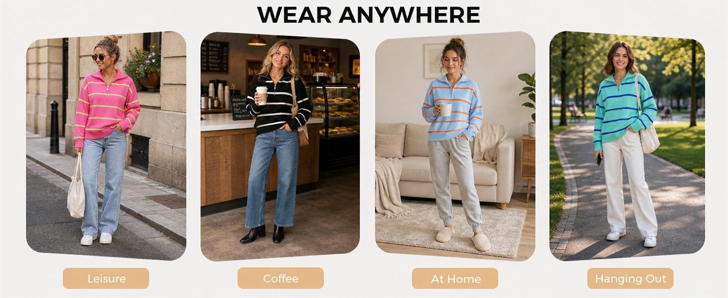 Fisoew Women's Vintage Light Denim Fabric Color Block Striped Quarter-Zip Lapel Collar Drop Shoulder Long Sleeve Oversized Knitwear Pullover Top, Casual Ribbed for Back to School Shopping
