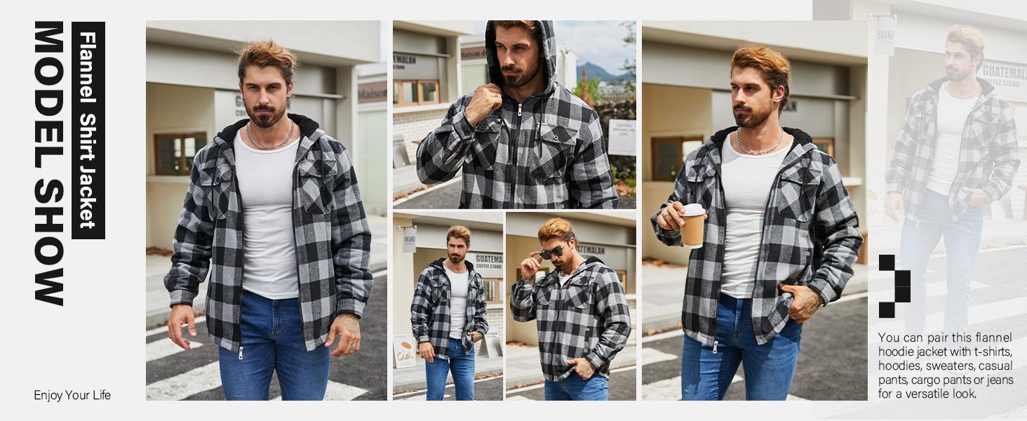 ZITY Men's Green Warm Sherpa Lined Flannel Jacket Fleece Hoodie Plaid Zip Up Outdoor Winter Coat Casual Workwear Tops Checked heated jacket Long Sleeve Tights Menswear