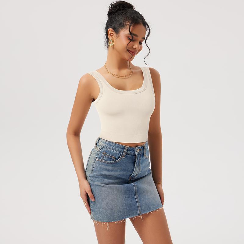 OQQ Women's Seamless Ribbed Square Neck Tank Top  With Padded Casual Basic Tops For Layering And Everyday Wear