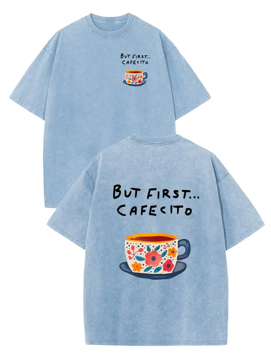 ACTCITY Women's Heavyweight Pure Cotton Vintage Acid-Wash Distressed Solid Short-Sleeve T-Shirt - Soft Loose Round Neck Drop-Shoulder Coffee Graphic Clothes, Casual Everyday Top for Thanksgiving, Street-Style Basic