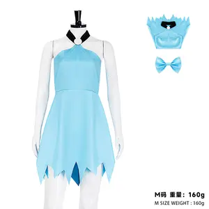 Women‘s Betty Rubble Cavewoman Dress Blue Jagged Hem Costume with Hair Bow for Halloween