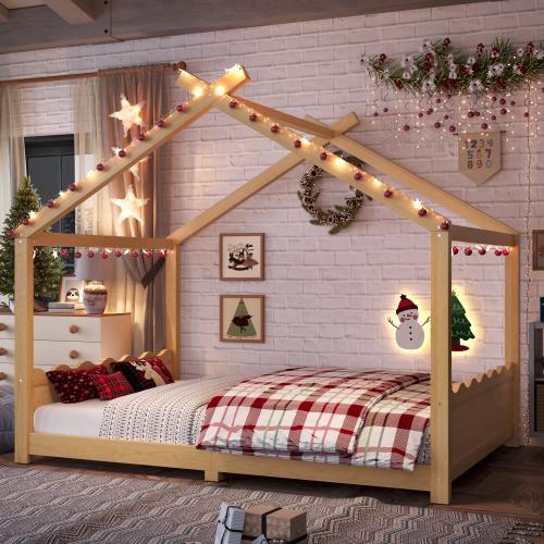 【Bellemave】Twin/Full /Queen House Floor Bed with Support Slats, Solid Wood House Bed Frame for Kids, No Box Spring Needed and Opening Constructure Bedroom Furniture Headboard