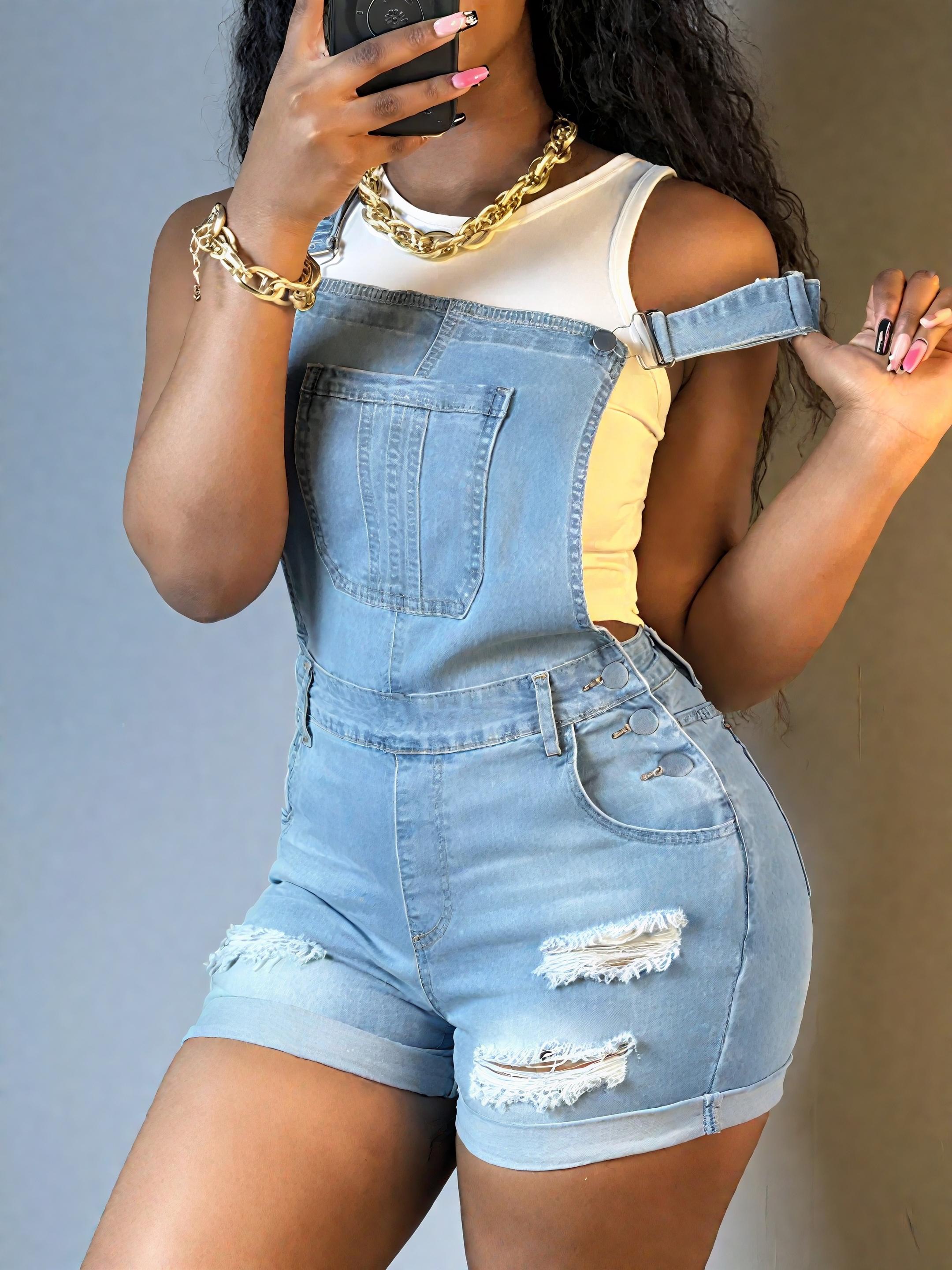 Chic Women's Ripped Denim Bib Shorts - Dark Wash & Adjustable Straps Chic Women's Ripped Denim Bib Shorts - Dark Wash & Adjustable Straps